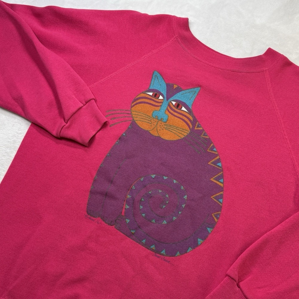 Vintage Rare Laurel Burch Cat Sweatshirt Pink Graphic Art USA Made Size Large
